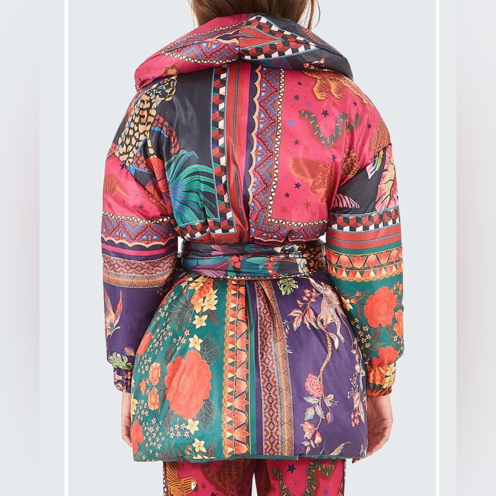 Farm Rio Mixed Scarves Kimono Puffer Jacket in Multi - Picture 3 of 10